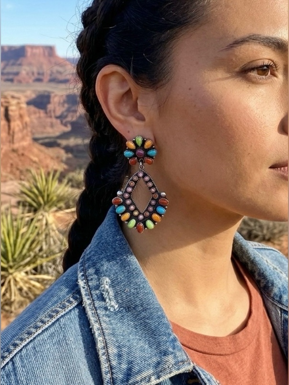 Don Lucas Southwestern Silver Multi Stone Cluster Dangle Statement Earrings